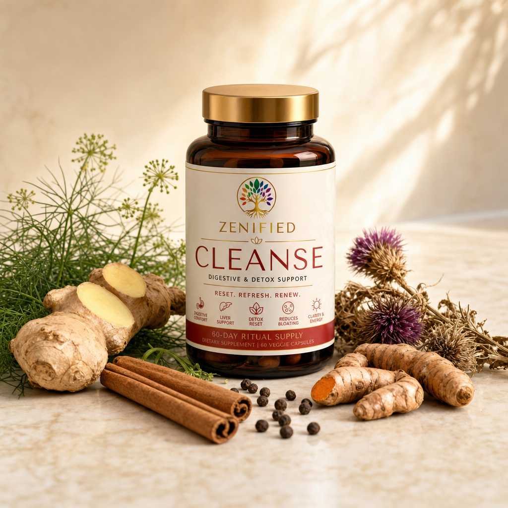 Official Zenified Cleanse bottle with ginger, fennel and green cardamom botanical ingredients