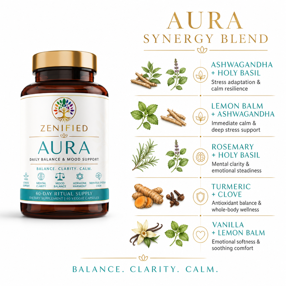 Zenified Aura mood balance supplement with ashwagandha holy basil and lemon balm