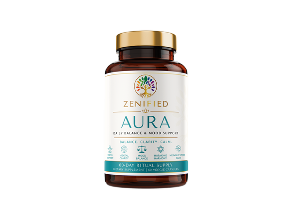 Zenified Aura mood balance supplement with ashwagandha holy basil and lemon balm