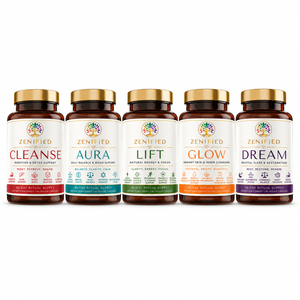 Zenified five-blend wellness system: Cleanse, Aura, Lift, Glow and Dream bottles on white