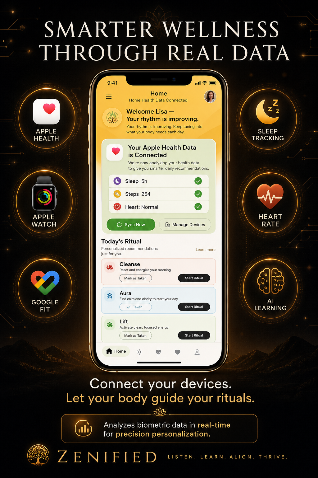Zenified app showing connected health data and personalized ritual recommendations