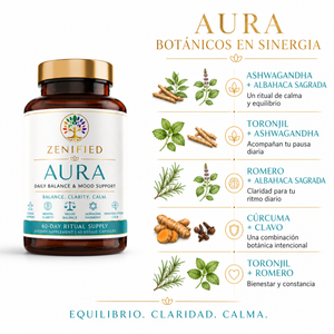 Aura ingredients with ashwagandha, holy basil and lemon balm