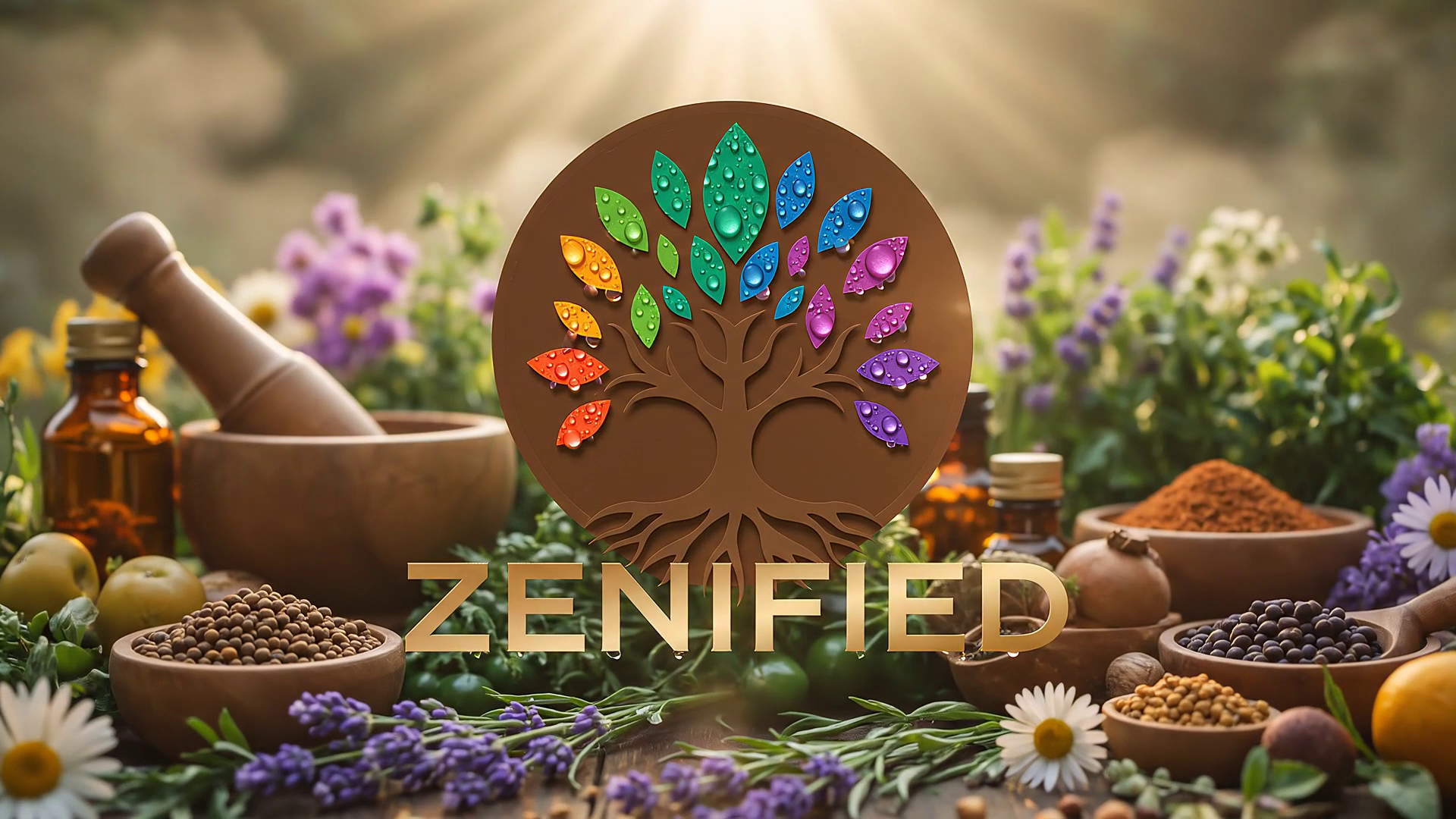 Zenified colorful tree logo surrounded by herbs and botanicals