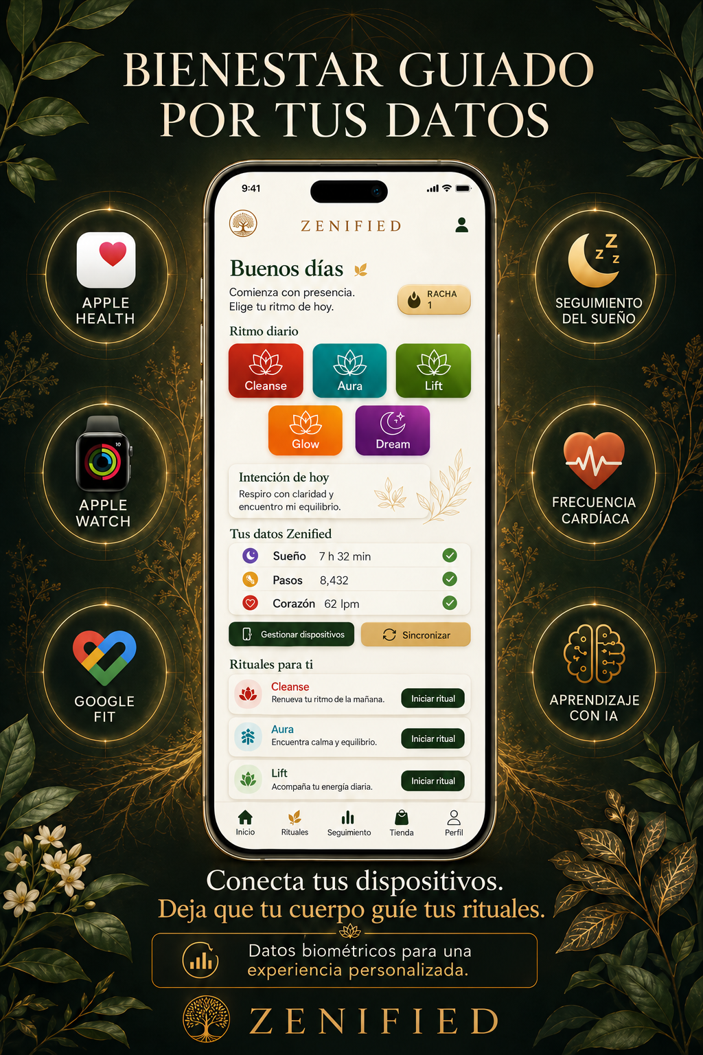 Aplicación Zenified que muestra datos de salud conectados y recomendaciones de rituales personalizados