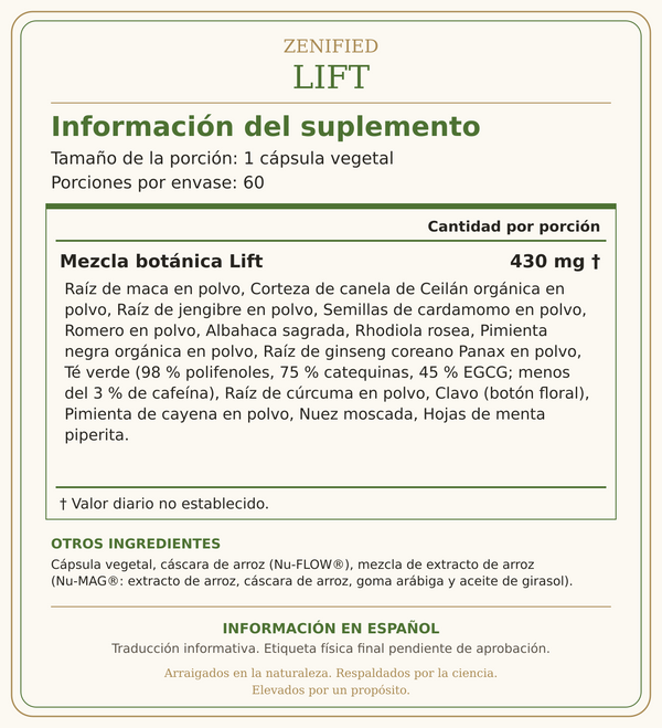 Zenified Lift: información del suplemento e ingredientes en español